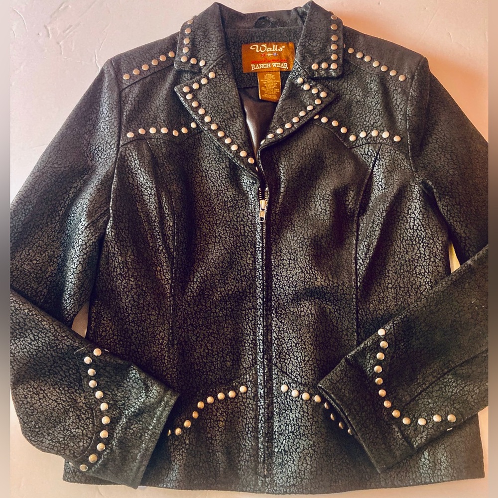 Walls Ranch Vintage womens SZ L Black leather Western style jacket stud accents - Picture 3 of 15